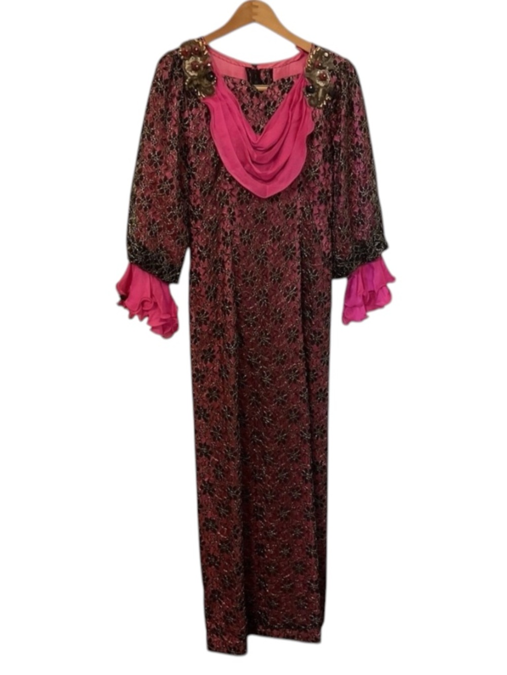 Vintage Dubai Kaftan Abaya Maxi Dress Womens Satin Pink Floral Lace Jewel 90s